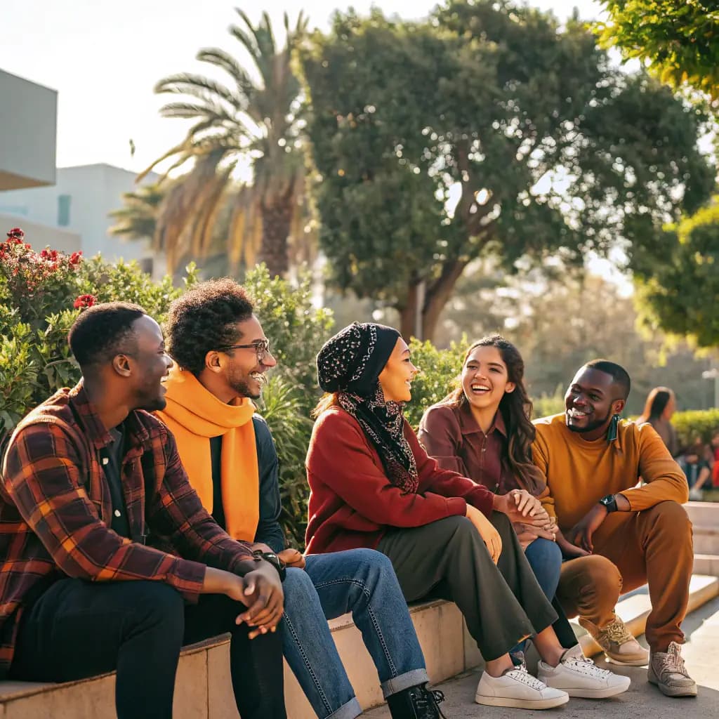 Four diverse young people sitting together outdoors, smiling and enjoying time together